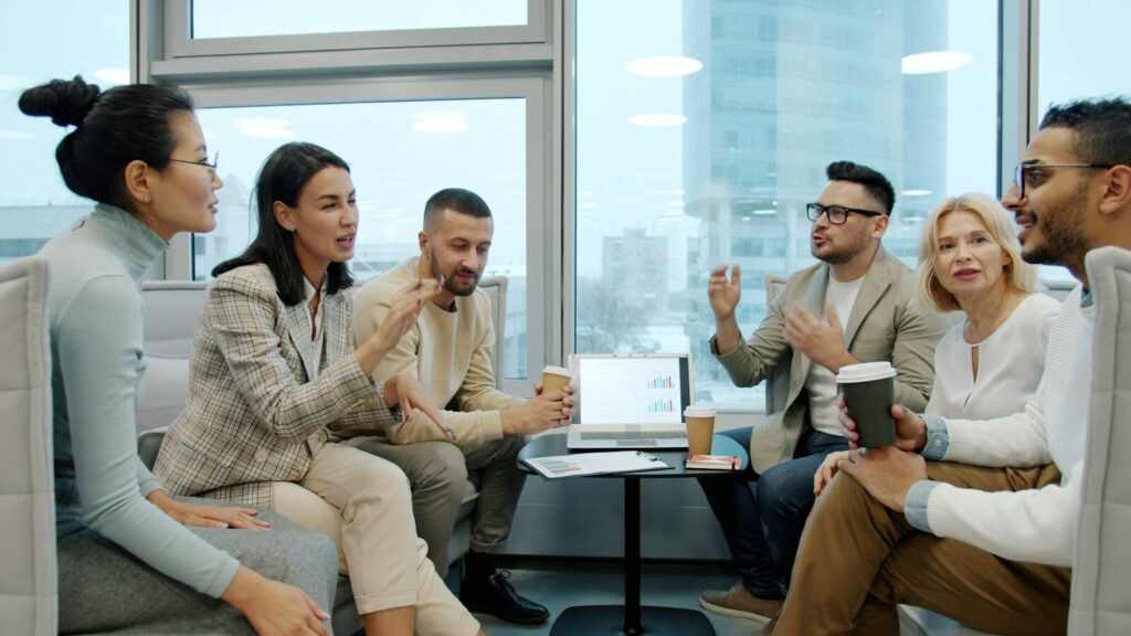 Diverse group of people in a modern office meeting