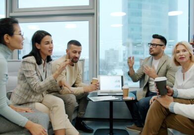 Diverse group of people in a modern office meeting