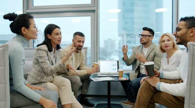 Diverse group of people in a modern office meeting